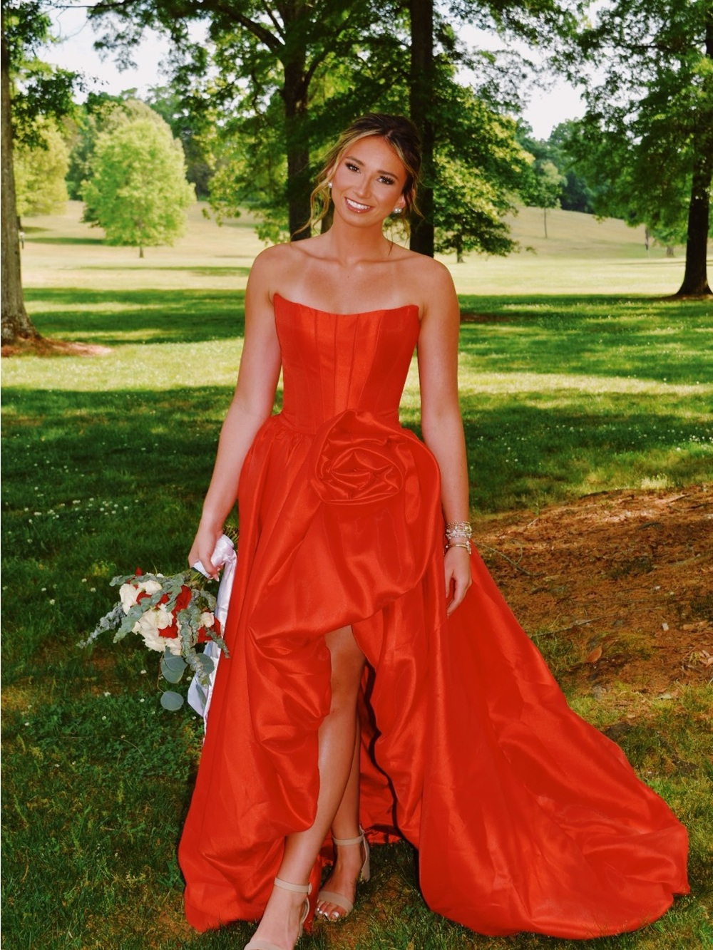 Sherri hill 2026 Strapless Red High-Low Evening Dress with Rosette Detail
